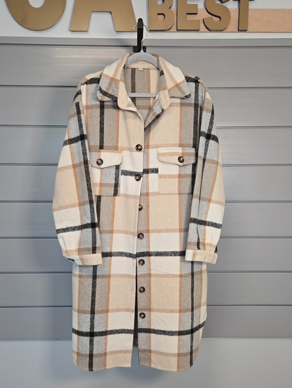 Oversized Plaid Shacket Jacket in Cream and Tan